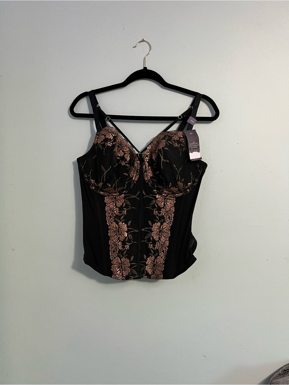 Cacique Black Bustier with Rose Gold Floral Lace